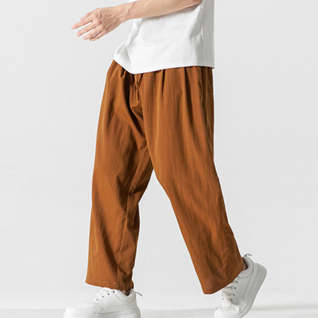 Buddha Stones Summer Casual Plain Straight Leg Design Men's Cotton Linen Drawstring Pants With Pockets