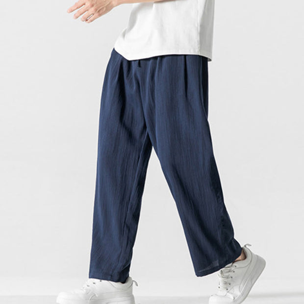 Buddha Stones Summer Casual Plain Straight Leg Design Men's Cotton Linen Drawstring Pants With Pockets