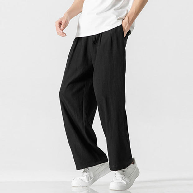 Buddha Stones Summer Casual Plain Straight Leg Design Men's Cotton Linen Drawstring Pants With Pockets