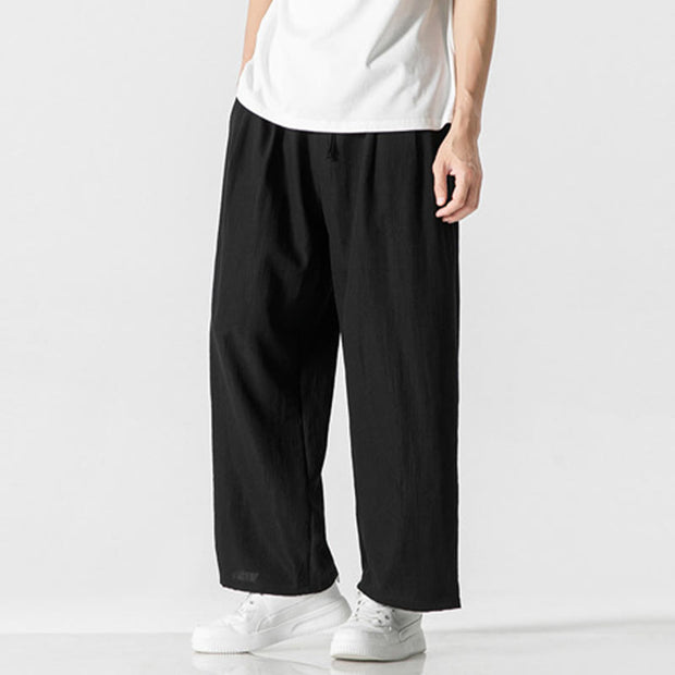 Buddha Stones Summer Casual Plain Straight Leg Design Men's Cotton Linen Drawstring Pants With Pockets