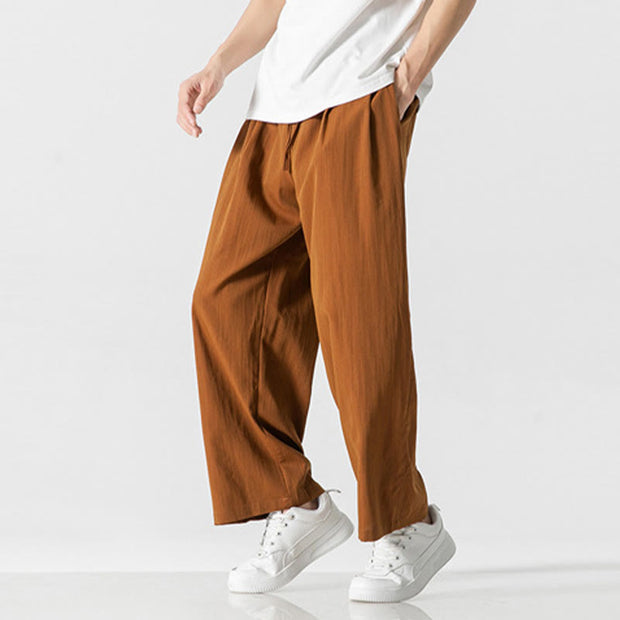 Buddha Stones Summer Casual Plain Straight Leg Design Men's Cotton Linen Drawstring Pants With Pockets