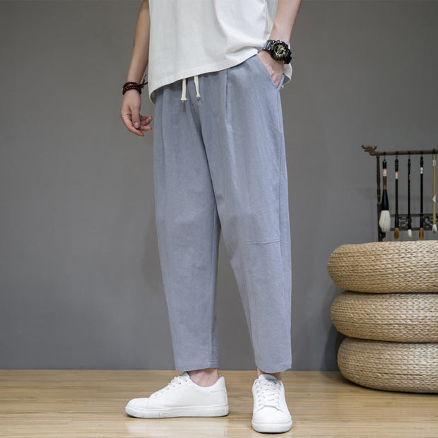 Buddha Stones Casual Pure Color Tapered Design Men's Cotton Linen Drawstring Pants With Pockets