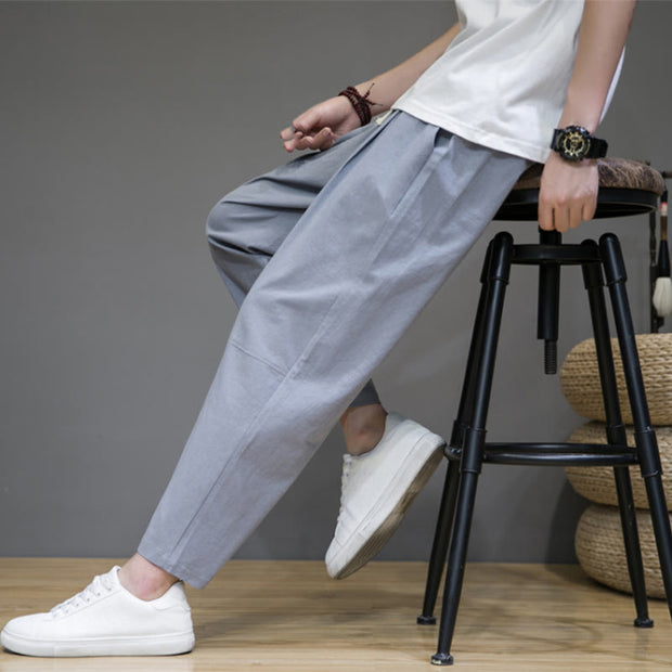 Buddha Stones Casual Pure Color Tapered Design Men's Cotton Linen Drawstring Pants With Pockets