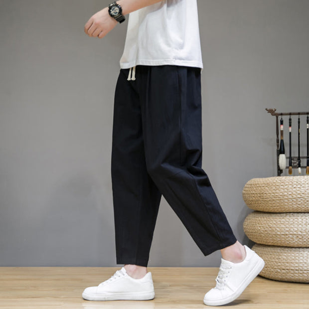 Buddha Stones Casual Pure Color Tapered Design Men's Cotton Linen Drawstring Pants With Pockets