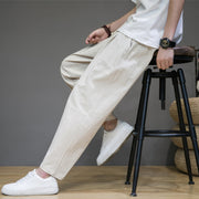 Buddha Stones Casual Pure Color Tapered Design Men's Cotton Linen Drawstring Pants With Pockets