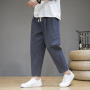 Buddha Stones Casual Pure Color Tapered Design Men's Cotton Linen Drawstring Pants With Pockets