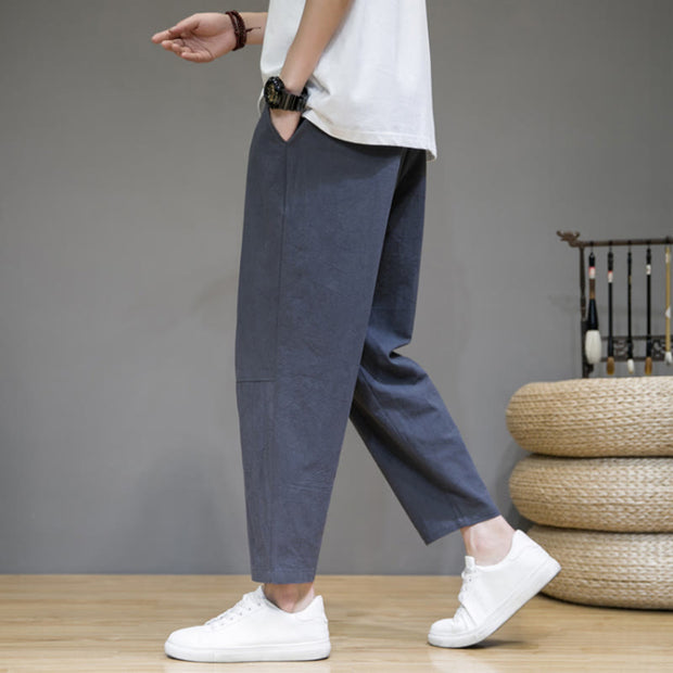 Buddha Stones Casual Pure Color Tapered Design Men's Cotton Linen Drawstring Pants With Pockets