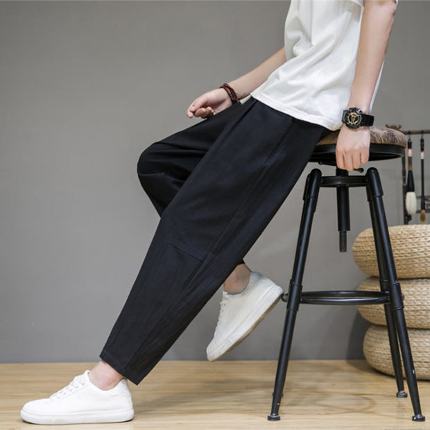 Buddha Stones Casual Pure Color Tapered Design Men's Cotton Linen Drawstring Pants With Pockets