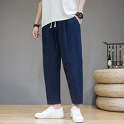 Buddha Stones Casual Pure Color Tapered Design Men's Cotton Linen Drawstring Pants With Pockets