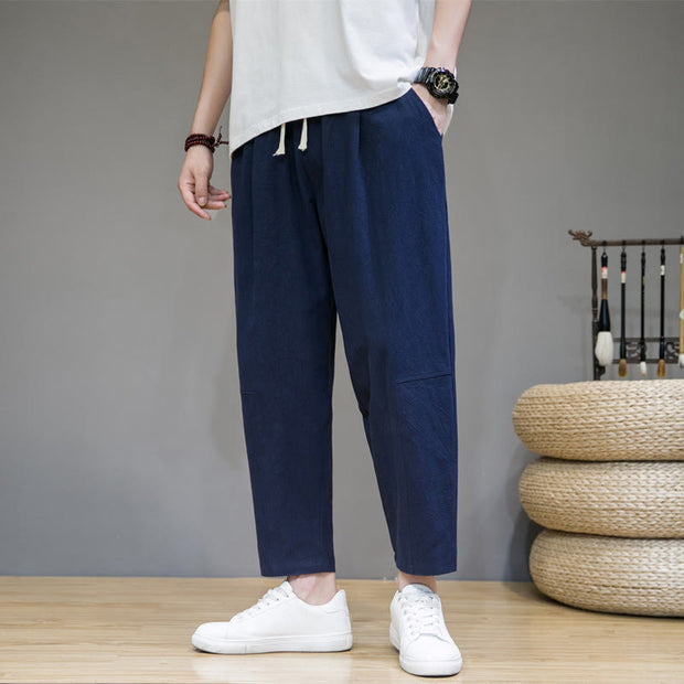 Buddha Stones Casual Pure Color Tapered Design Men's Cotton Linen Drawstring Pants With Pockets