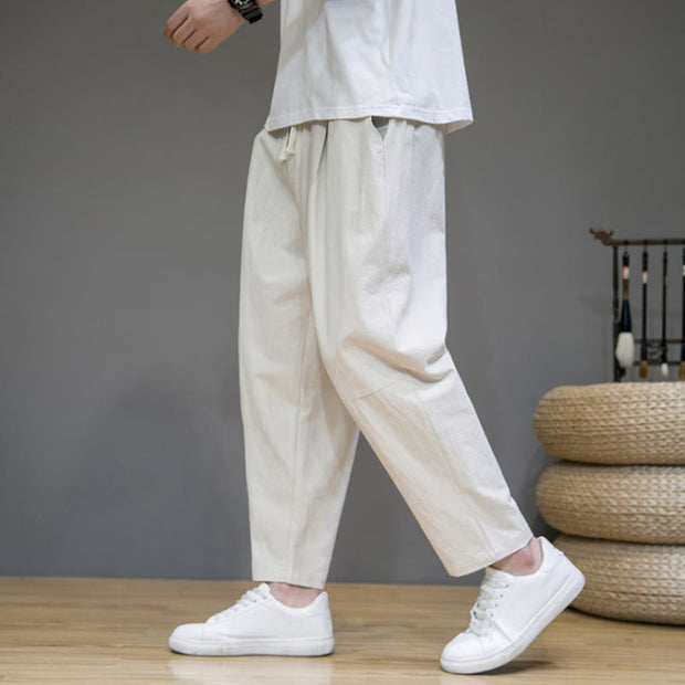 Buddha Stones Casual Pure Color Tapered Design Men's Cotton Linen Drawstring Pants With Pockets