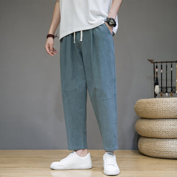 Buddha Stones Casual Pure Color Tapered Design Men's Cotton Linen Drawstring Pants With Pockets