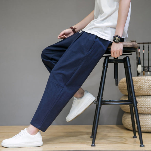 Buddha Stones Casual Pure Color Tapered Design Men's Cotton Linen Drawstring Pants With Pockets
