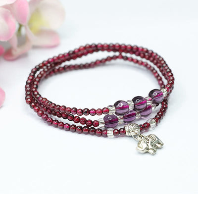 Buddha Stones Natural Garnet Elephant Abacus Lucky Bag PiXiu Protection Triple Wrap Bracelet