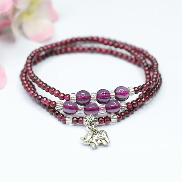 Buddha Stones Natural Garnet Elephant Abacus Lucky Bag PiXiu Protection Triple Wrap Bracelet