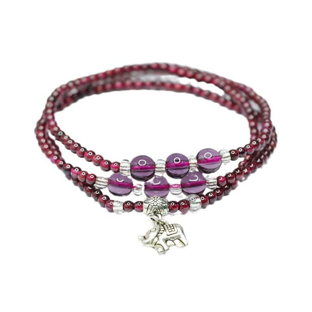 Buddha Stones Natural Garnet Elephant Abacus Lucky Bag PiXiu Protection Triple Wrap Bracelet