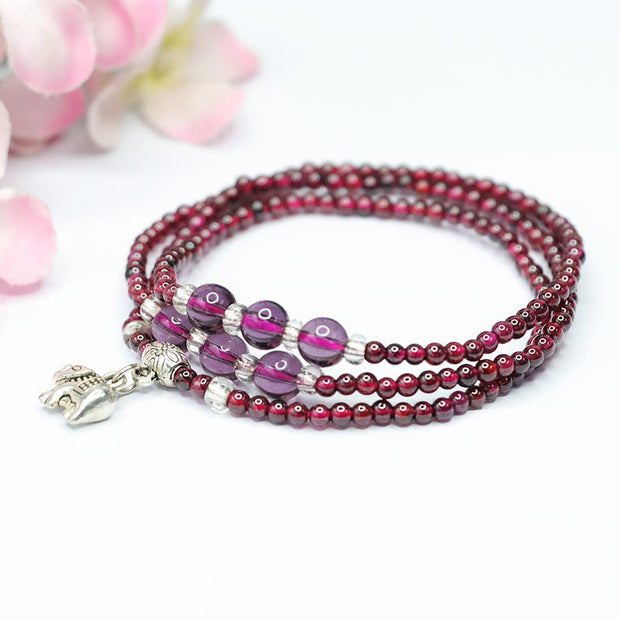 Buddha Stones Natural Garnet Elephant Abacus Lucky Bag PiXiu Protection Triple Wrap Bracelet