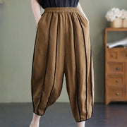 Buddha Stones Casual 7-8 Length Women's Cotton Linen Stripe Harem Pants With Pockets