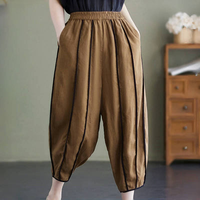 Buddha Stones Casual 7-8 Length Women's Cotton Linen Stripe Harem Pants With Pockets