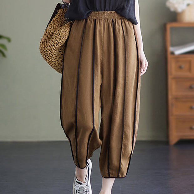 Buddha Stones Casual 7-8 Length Women's Cotton Linen Stripe Harem Pants With Pockets