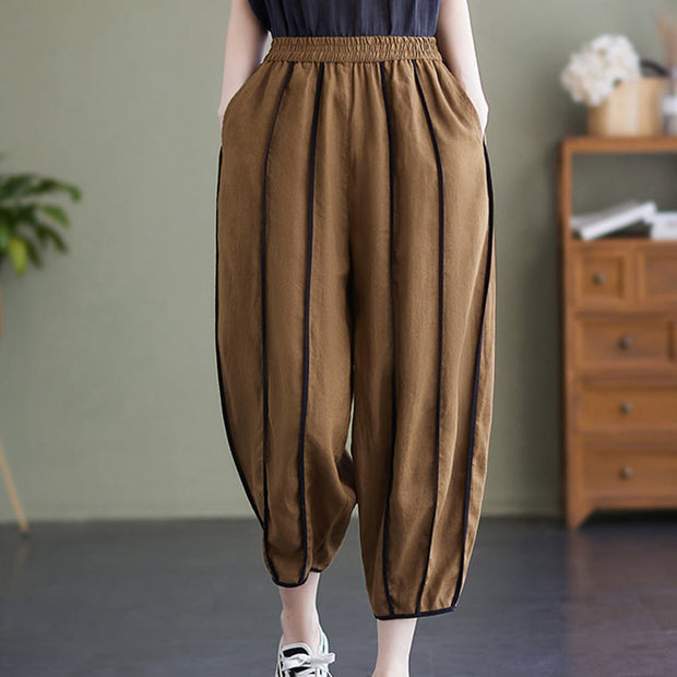 Buddha Stones Casual 7-8 Length Women's Cotton Linen Stripe Harem Pants With Pockets