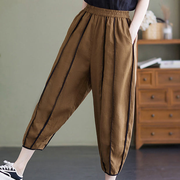 Buddha Stones Casual 7-8 Length Women's Cotton Linen Stripe Harem Pants With Pockets