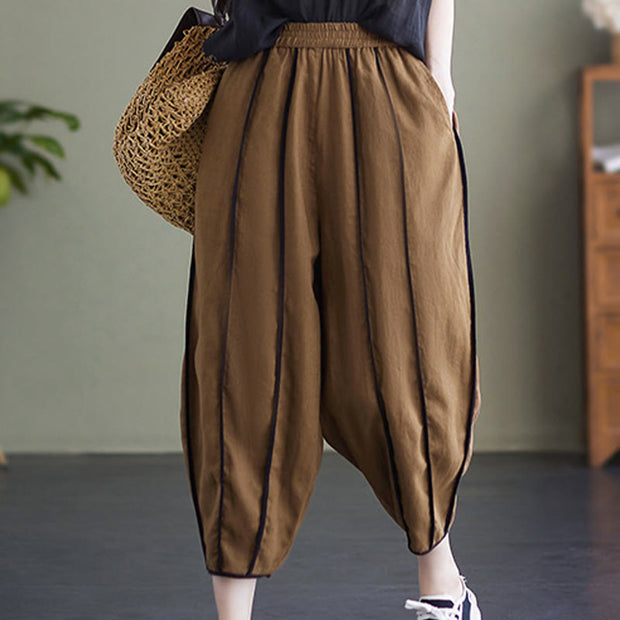 Buddha Stones Casual 7-8 Length Women's Cotton Linen Stripe Harem Pants With Pockets