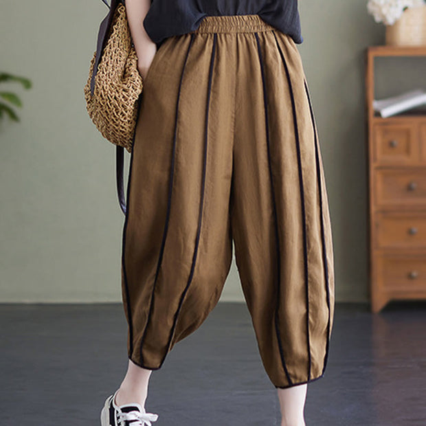 Buddha Stones Casual 7-8 Length Women's Cotton Linen Stripe Harem Pants With Pockets