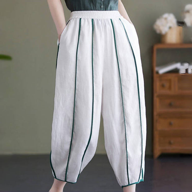 Buddha Stones Casual 7-8 Length Women's Cotton Linen Stripe Harem Pants With Pockets