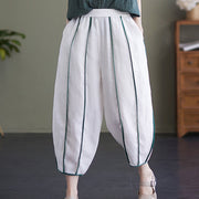 Buddha Stones Casual 7-8 Length Women's Cotton Linen Stripe Harem Pants With Pockets