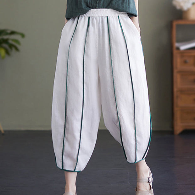Buddha Stones Casual 7-8 Length Women's Cotton Linen Stripe Harem Pants With Pockets