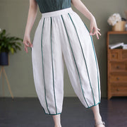 Buddha Stones Casual 7-8 Length Women's Cotton Linen Stripe Harem Pants With Pockets