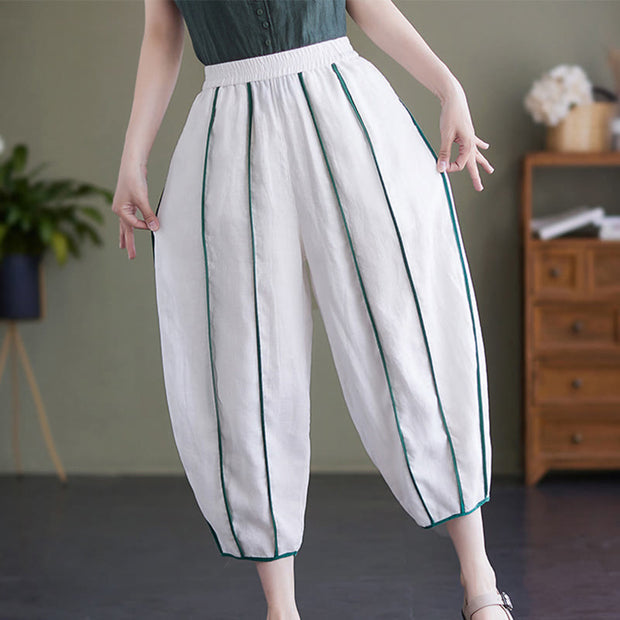 Buddha Stones Casual 7-8 Length Women's Cotton Linen Stripe Harem Pants With Pockets