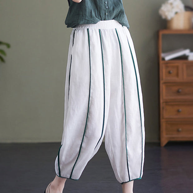 Buddha Stones Casual 7-8 Length Women's Cotton Linen Stripe Harem Pants With Pockets