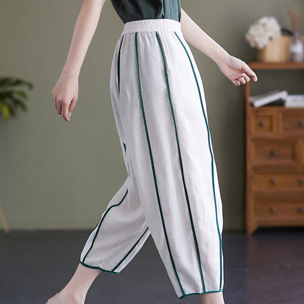 Buddha Stones Casual 7-8 Length Women's Cotton Linen Stripe Harem Pants With Pockets