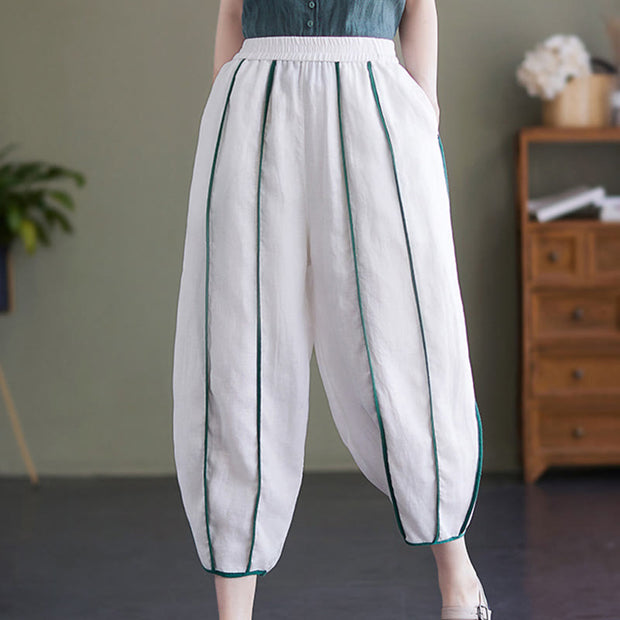 Buddha Stones Casual 7-8 Length Women's Cotton Linen Stripe Harem Pants With Pockets