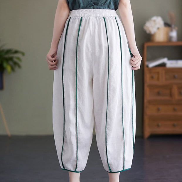 Buddha Stones Casual 7-8 Length Women's Cotton Linen Stripe Harem Pants With Pockets