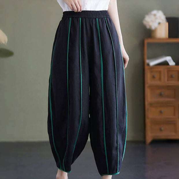 Buddha Stones Casual 7-8 Length Women's Cotton Linen Stripe Harem Pants With Pockets