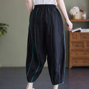 Buddha Stones Casual 7-8 Length Women's Cotton Linen Stripe Harem Pants With Pockets