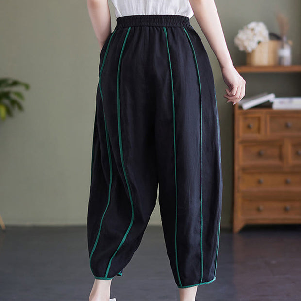 Buddha Stones Casual 7-8 Length Women's Cotton Linen Stripe Harem Pants With Pockets
