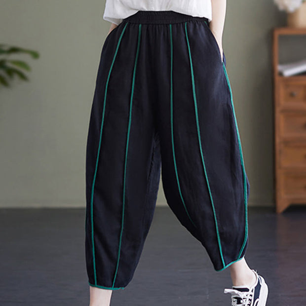Buddha Stones Casual 7-8 Length Women's Cotton Linen Stripe Harem Pants With Pockets