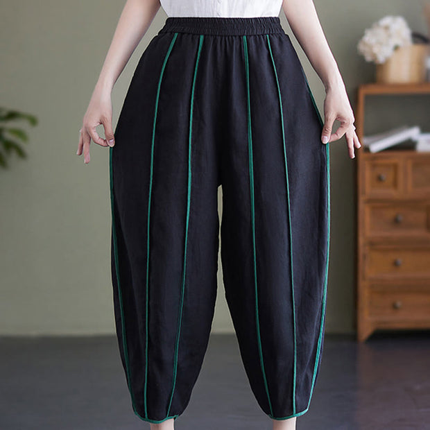 Buddha Stones Casual 7-8 Length Women's Cotton Linen Stripe Harem Pants With Pockets