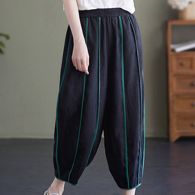 Buddha Stones Casual 7-8 Length Women's Cotton Linen Stripe Harem Pants With Pockets