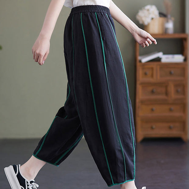 Buddha Stones Casual 7-8 Length Women's Cotton Linen Stripe Harem Pants With Pockets