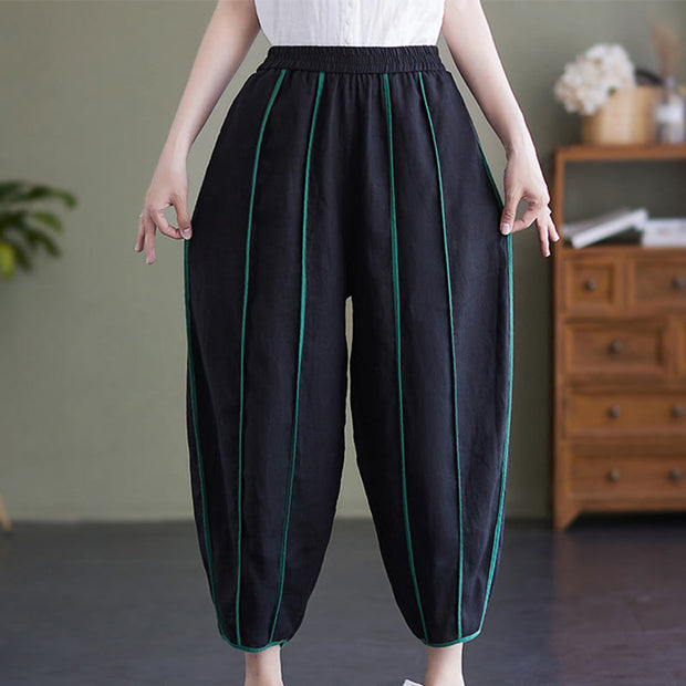 Buddha Stones Casual 7-8 Length Women's Cotton Linen Stripe Harem Pants With Pockets