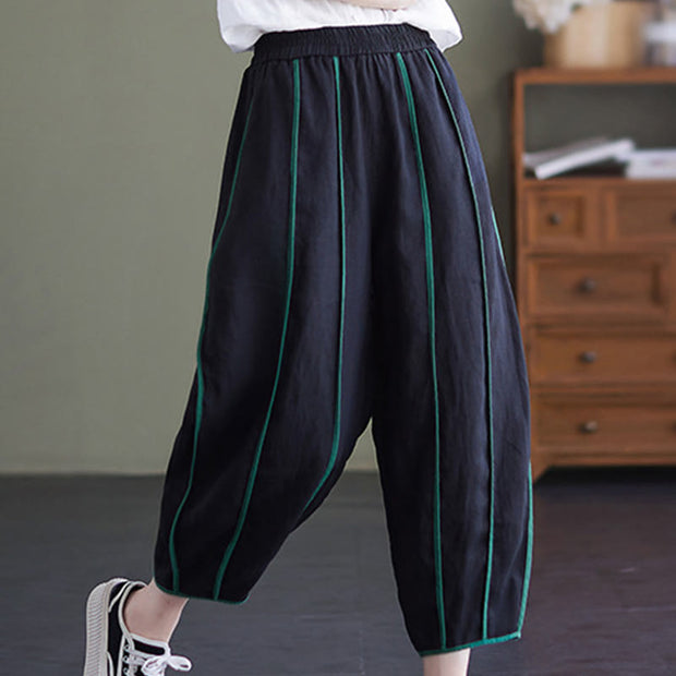 Buddha Stones Casual 7-8 Length Women's Cotton Linen Stripe Harem Pants With Pockets