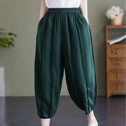 Buddha Stones Casual 7-8 Length Women's Cotton Linen Stripe Harem Pants With Pockets