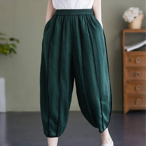 Buddha Stones Casual 7-8 Length Women's Cotton Linen Stripe Harem Pants With Pockets