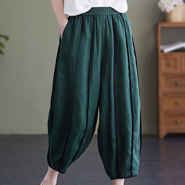 Buddha Stones Casual 7-8 Length Women's Cotton Linen Stripe Harem Pants With Pockets