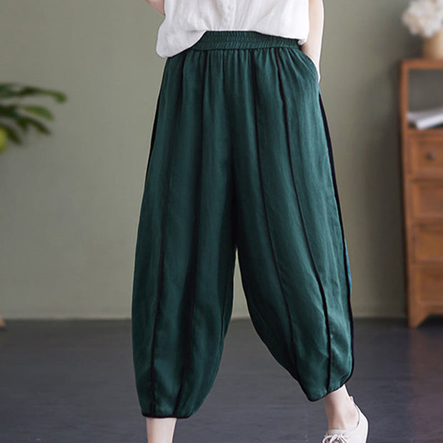 Buddha Stones Casual 7-8 Length Women's Cotton Linen Stripe Harem Pants With Pockets